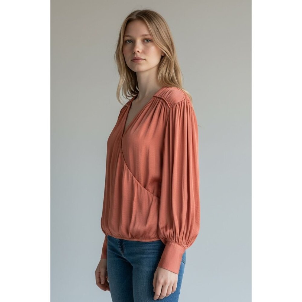 NEW Calligraphie Womens Coral Wrap Blouse Size L Long Sleeves Satin Crepe Boho
